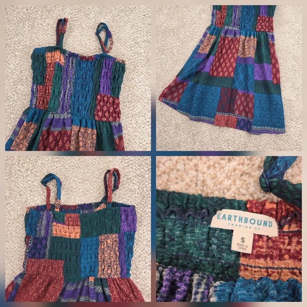Earthbound Trading Co Patchwork Boho Smocked Bodice Spaghetti Strap Dress Small